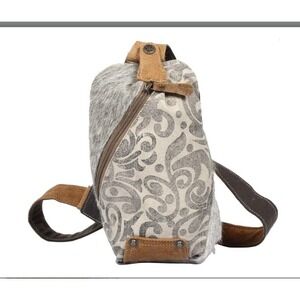 Myra Bag Sling Fanny Pack Canvas Cow Hide Scroll Leather Women Small NWT